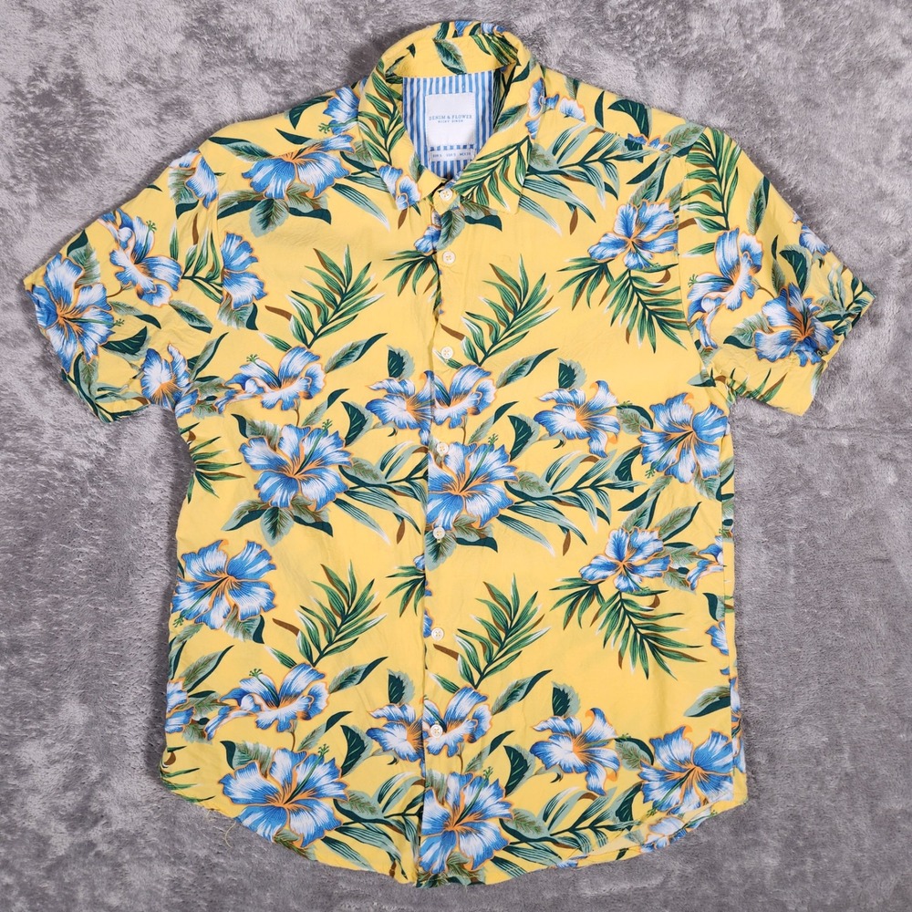 Denim & Flower Button Down Shirt Mens Small Yellow Excellent Tropical Floral S/S